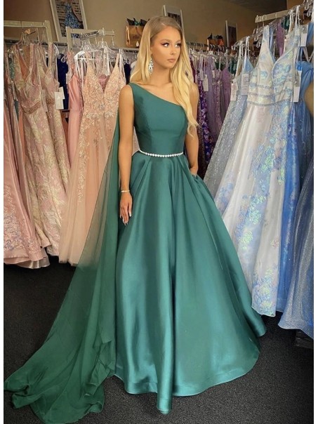 A-Line One Shoulder Long Prom Dresses Formal Evening Gowns 901135