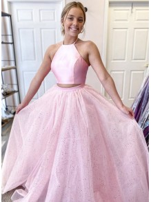 A-Line Two Pieces Sparkle Tulle Long Pink Prom Dresses Formal Evening Gowns 901136 A-Line Two Pieces Sparkle Tulle Long Pink Prom Dresses Formal Evening Gowns 901136