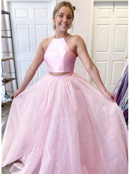 A-Line Two Pieces Sparkle Tulle Long Pink Prom Dresses Formal Evening Gowns 901136