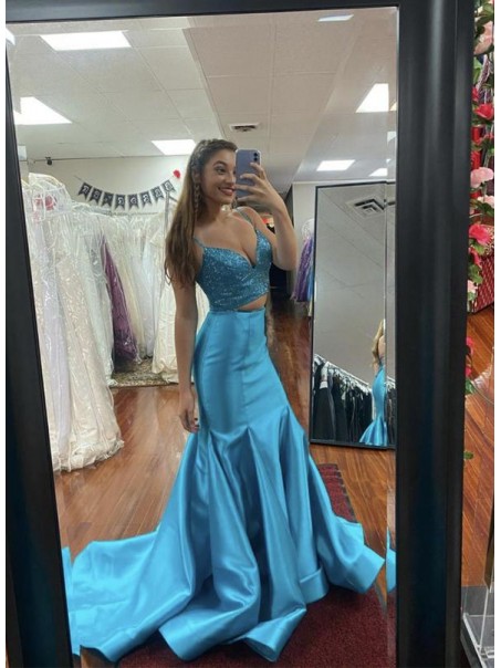 Mermaid Two Pieces Long Blue Sequins and Satin Prom Dress Formal Evening Gowns 901137