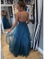 A-Line Long Blue Spaghetti Straps Prom Dress Formal Evening Gowns 901140