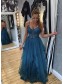 A-Line Long Blue Spaghetti Straps Prom Dress Formal Evening Gowns 901140