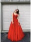 A-Line Long Red Lace and Tulle Beaded Prom Dress Formal Evening Gowns 901143