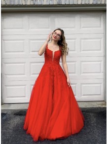 A-Line Long Red Lace and Tulle Beaded Prom Dress Formal Evening Gowns 901143 A-Line Long Red Lace and Tulle Beaded Prom Dress Formal Evening Gowns 901143