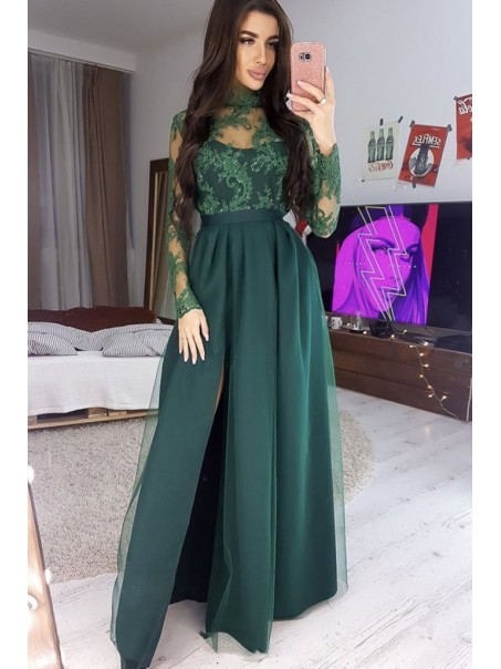 Long Green Lace Prom Dress Formal Evening Gowns with Long Sleeves 901144
