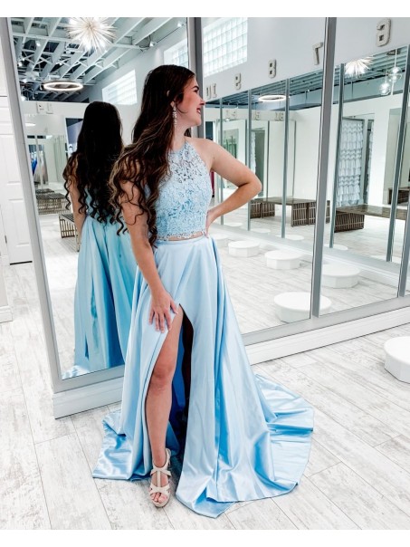 A-Line Long Blue Lace Two Pieces Prom Dress Formal Evening Gowns 901145