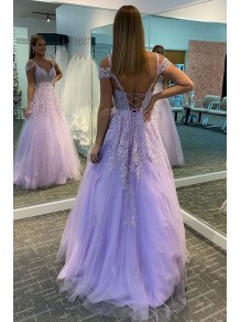 A-Line Lace and Tulle Long Prom Dress Formal Evening Gowns 901146
