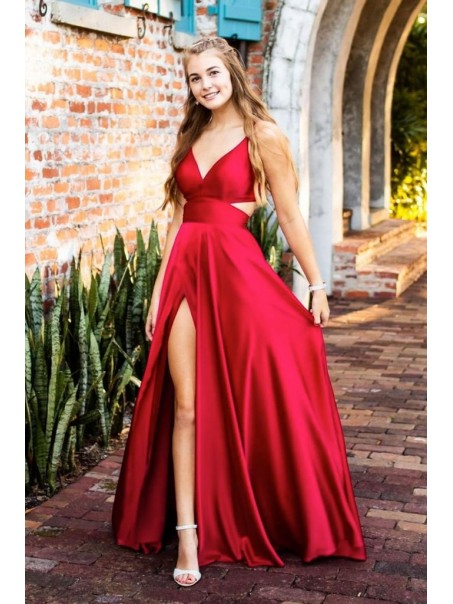 Long Red V Neck Prom Dress Formal Evening Gowns 901148