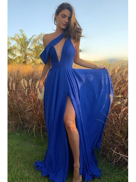Long Blue One Shoulder Prom Dress Formal Evening Gowns 901149