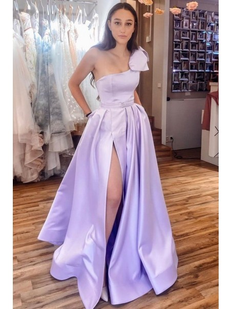 A-Line One Shoulder Satin Prom Dress Formal Evening Gowns 901150