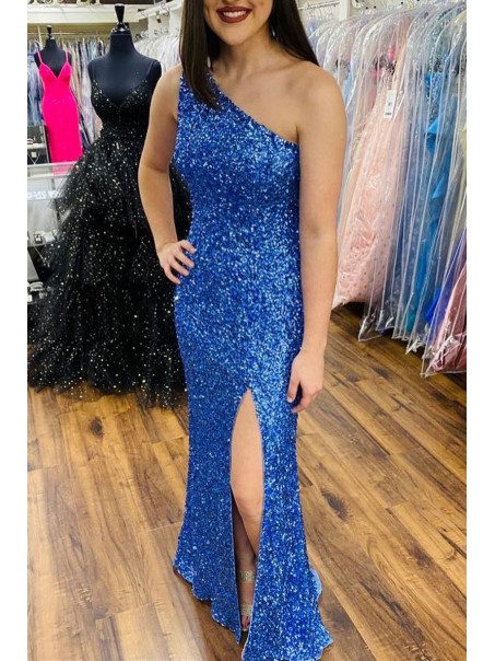 Long Blue One Shoulder Sparkle Sequin Prom Dress Formal Evening Gowns 901152