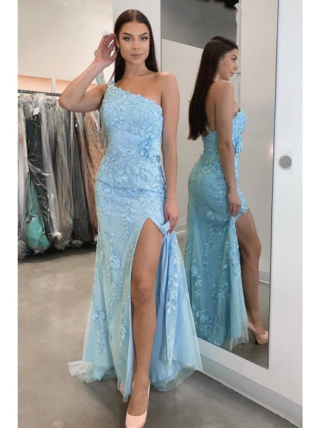 Long Blue Sheath One Shoulder Lace Prom Dress Formal Evening Gowns 901154