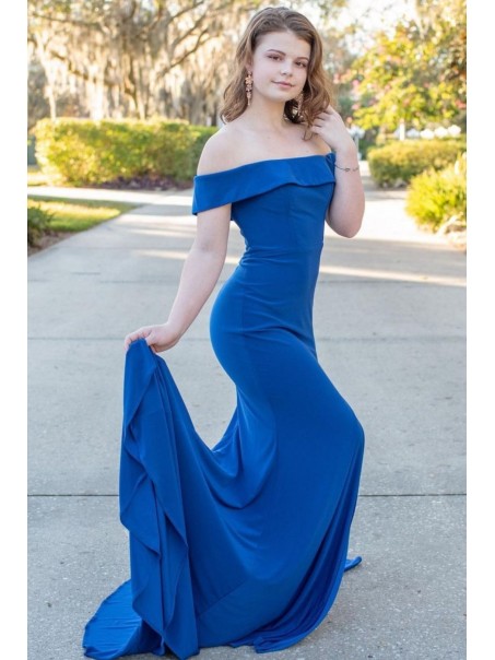 Long Blue Off the Shoulder Prom Dress Formal Evening Gowns 901155