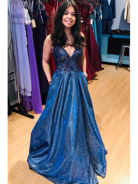 A-Line Long Blue Lace Sparkle Prom Dress Formal Evening Gowns 901157