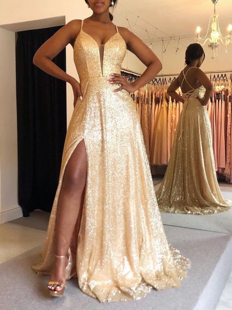 A-Line Gold Sequin Prom Dress Formal Evening Gowns 901165