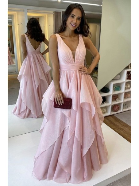 A-Line V Neck Long Pink Prom Dress Formal Evening Gowns 901172