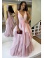 A-Line V Neck Long Pink Prom Dress Formal Evening Gowns 901172