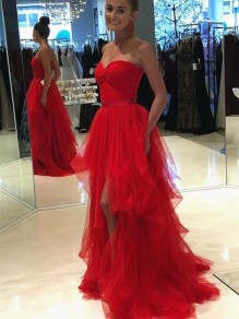 Long Red Sweetheart Tulle Prom Dress Formal Evening Gowns 901173