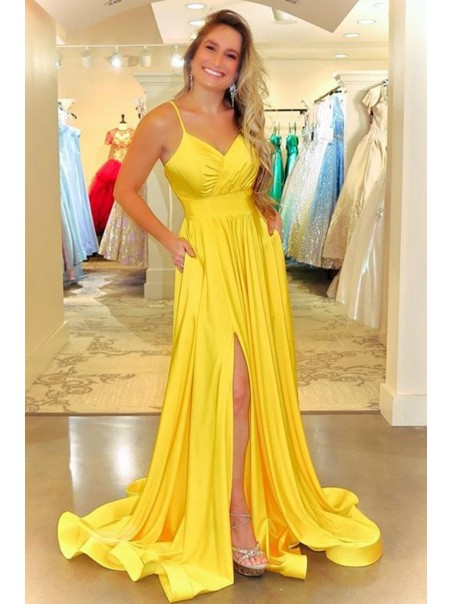 Long Yellow Spaghetti Straps Prom Dress Formal Evening Gowns 901175