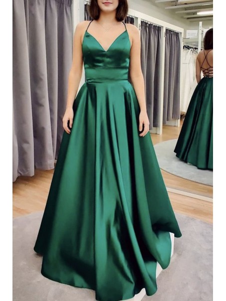 Long Green Satin Prom Dress Formal Evening Gowns 901182