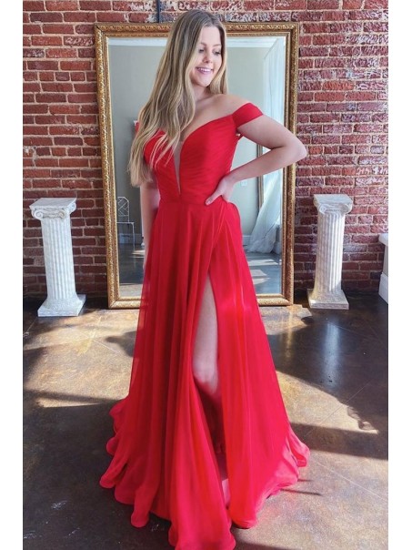 Long Red Off the Shoulder Prom Dress Formal Evening Gowns 901187