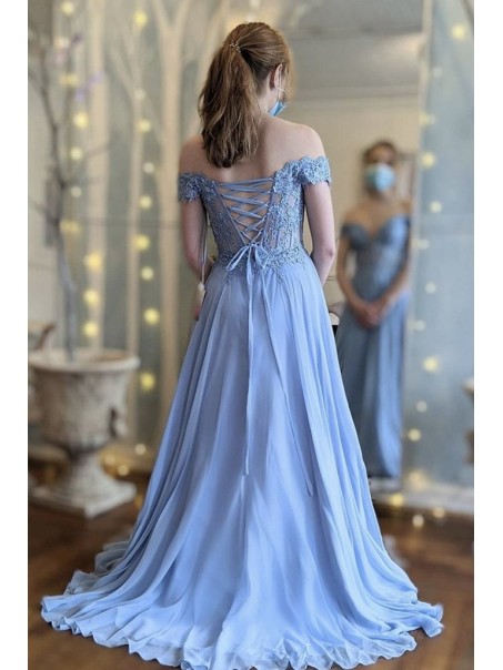 Long Blue Chiffon and Lace Prom Dress Formal Evening Gowns 901188