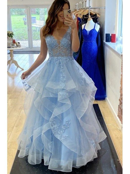 Long Blue Lace Prom Dress Formal Evening Gowns 901197