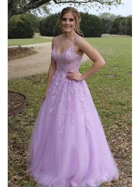 A-Line Lilac Lace Spaghetti Straps Prom Dress Formal Evening Gowns 901198