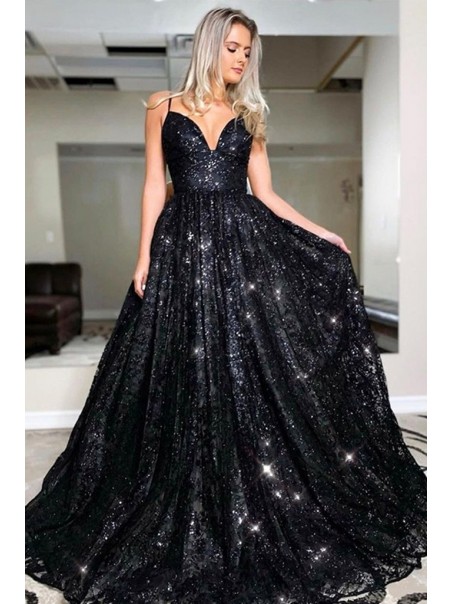 Long Black Lace Spaghetti Straps Prom Dress Formal Evening Gowns 901199