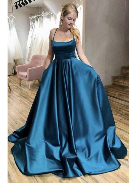 A-Line Satin Spaghetti Straps Prom Dress Formal Evening Gowns 901200