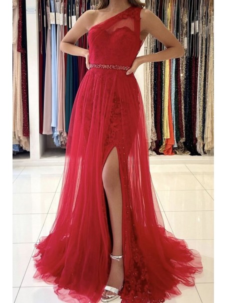 Long Red One Shoulder Lace and Tulle Prom Dress Formal Evening Gowns 901206