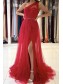 Long Red One Shoulder Lace and Tulle Prom Dress Formal Evening Gowns 901206