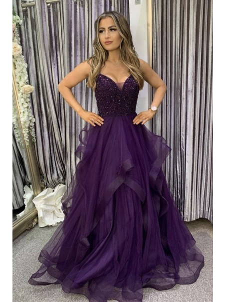 Long Beaded Purple Tulle Prom Dress Formal Evening Gowns 901207
