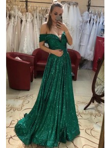 Long Green Sequin Off-the-Shoulder Prom Dress Formal Evening Gowns 901208
