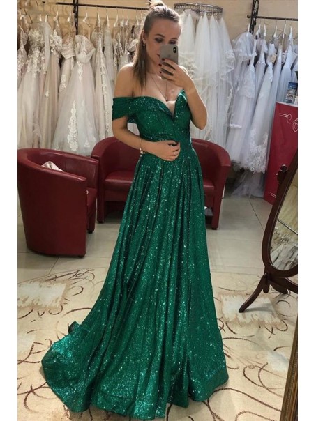 Long Green Sequin Off-the-Shoulder Prom Dress Formal Evening Gowns 901208