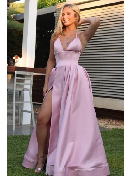 Long Satin Spaghetti Straps Prom Dress Formal Evening Gowns 901210
