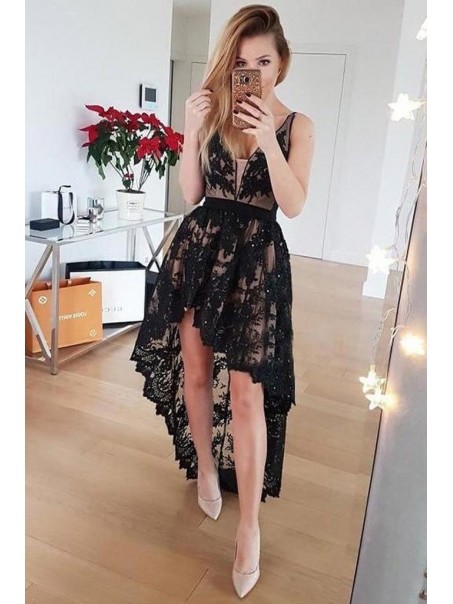 High Low Black Lace Prom Dress Formal Evening Gowns 901216