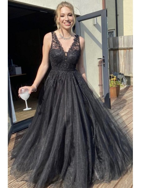 Long Black Lace and Tulle Prom Dress Formal Evening Gowns 901217
