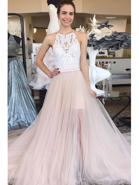 A-Line Lace and Tulle Long Prom Dress Formal Evening Gowns 901221