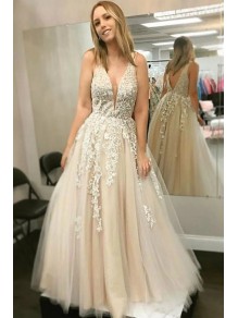 A-Line Lace and Tulle V Neck Prom Dress Formal Evening Gowns 901223 A-Line Lace and Tulle V Neck Prom Dress Formal Evening Gowns 901223