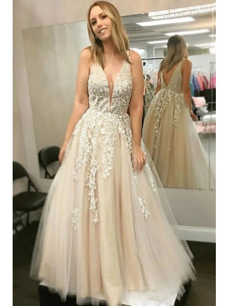 A-Line Lace and Tulle V Neck Prom Dress Formal Evening Gowns 901223