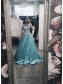 A-Line Long Blue Satin White Lace Prom Dress Formal Evening Gowns 901225