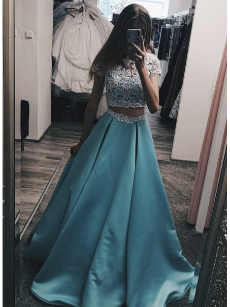 A-Line Long Blue Satin White Lace Prom Dress Formal Evening Gowns 901225