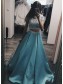 A-Line Long Blue Satin White Lace Prom Dress Formal Evening Gowns 901225