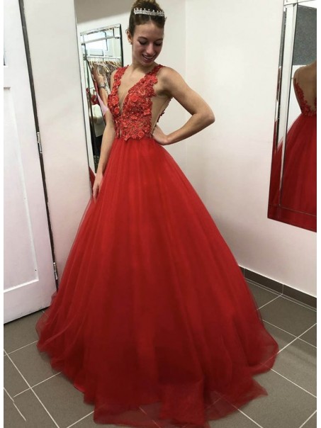 Long Red Lace and Tulle Prom Dress Formal Evening Gowns 901226