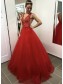 Long Red Lace and Tulle Prom Dress Formal Evening Gowns 901226