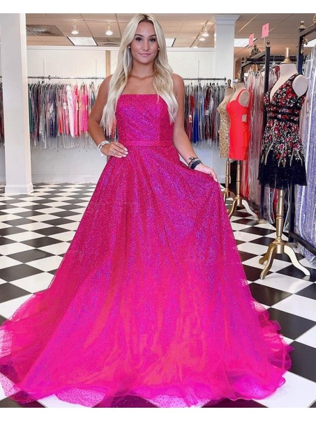 A-Line Strapless Sequin Tulle Long Prom Dress Formal Evening Gowns 901227