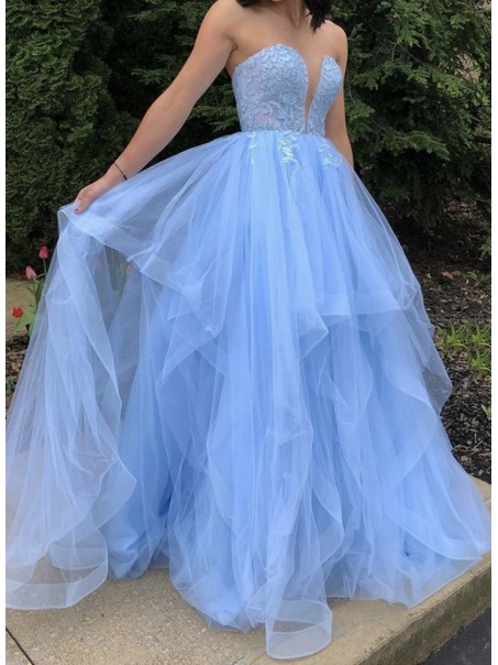 A-Line Long Blue Lace and Tulle Prom Dress Formal Evening Gowns 901228