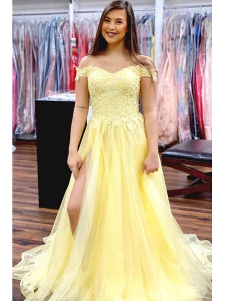 Long Yellow Lace Off the Shoulder Prom Dress Formal Evening Gowns 901229