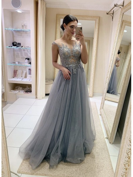A-Line Lace and Tulle Long Prom Dress Formal Evening Gowns 901230